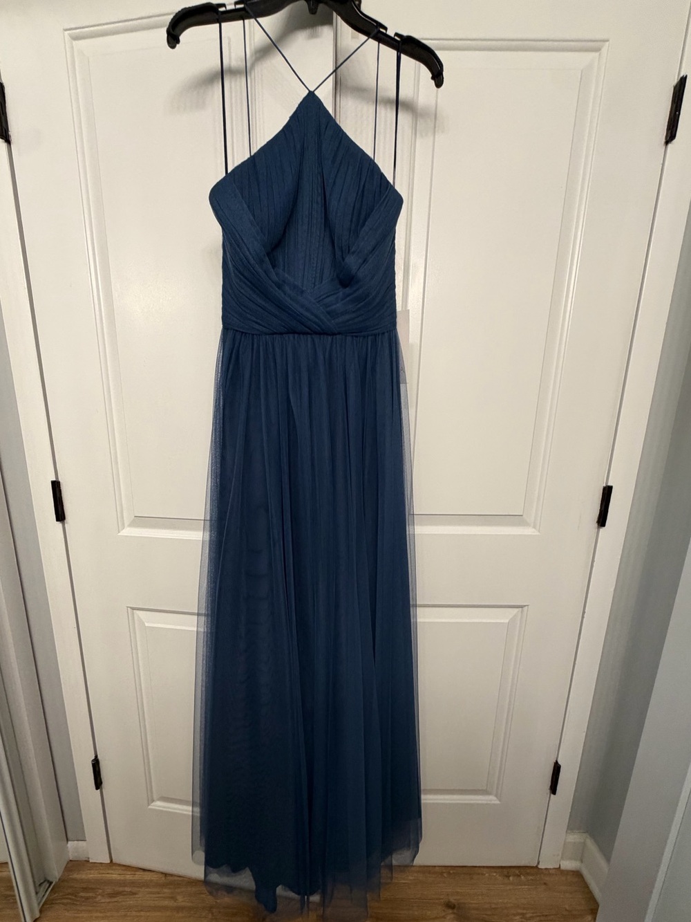 NWT THEIA Bridesmaids Cadet Blue Halter Tulle Maxi Gown Dress Size 8 $340